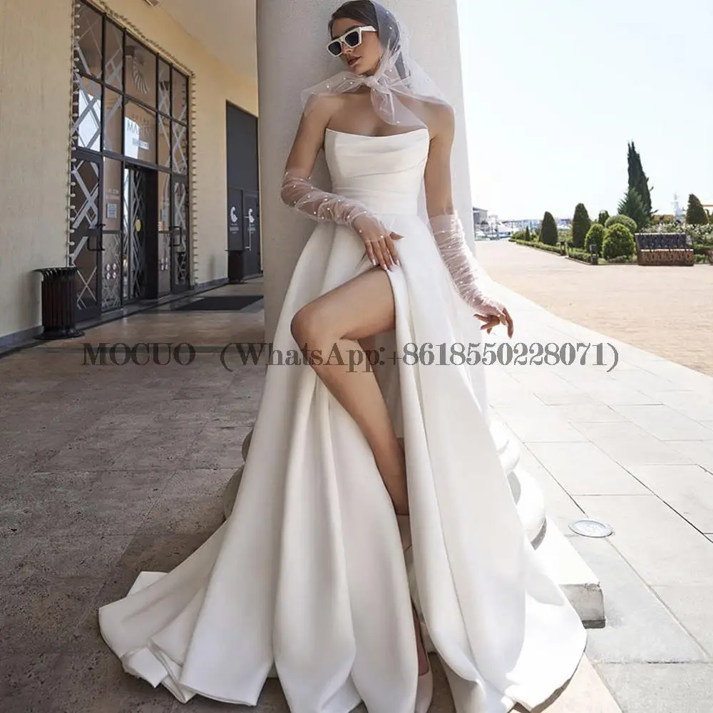 Vestido De novia moderno De satén sin tirantes para novia, abertura alta, sencillo, sin mangas, Espalda descubierta, Sexy, 2023