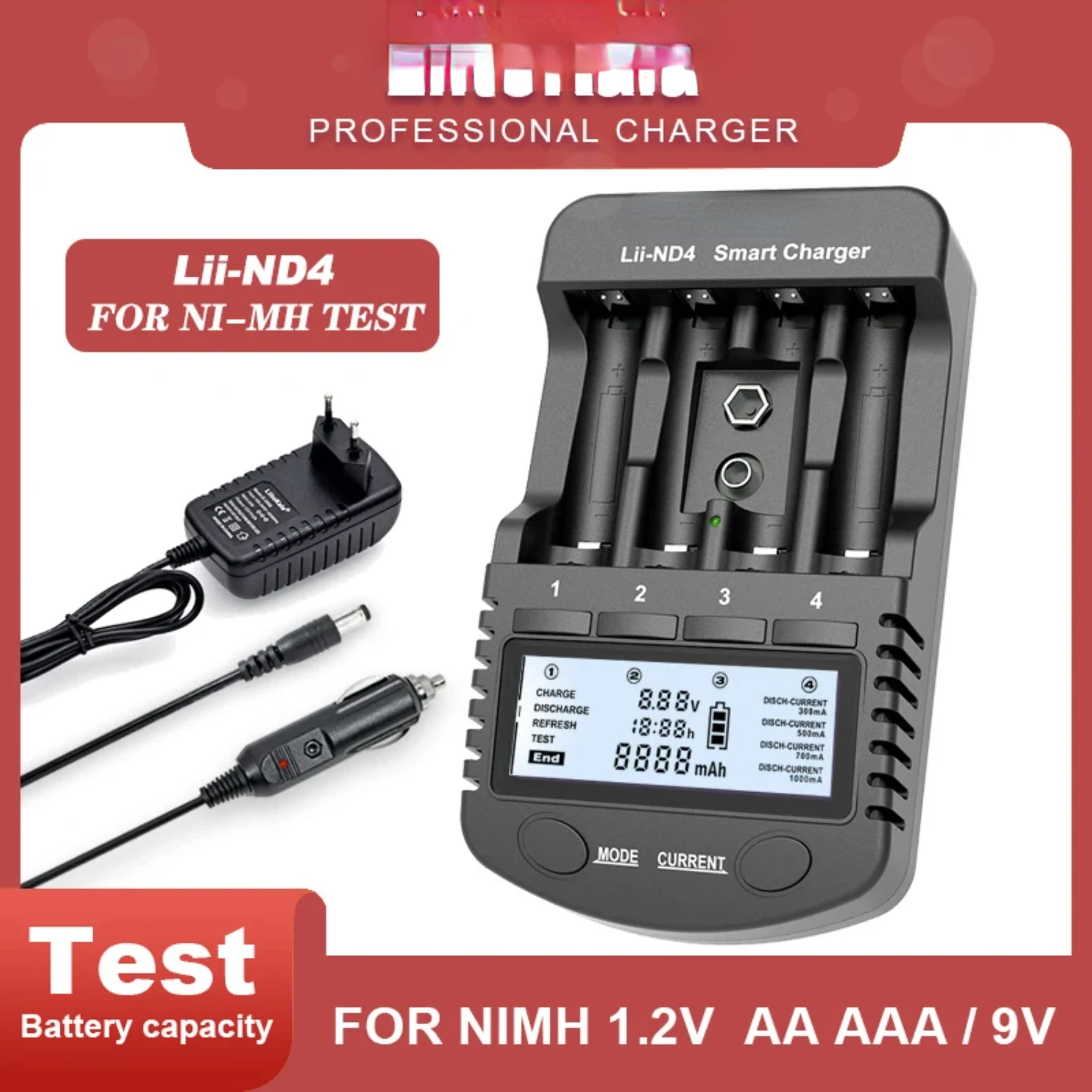 

Зарядное устройство Lii-ND4 NiMH/Cd AA AAA с ЖК-дисплеем и тестовая емкость аккумулятора для аккумуляторов 1,2 В и 9 В.