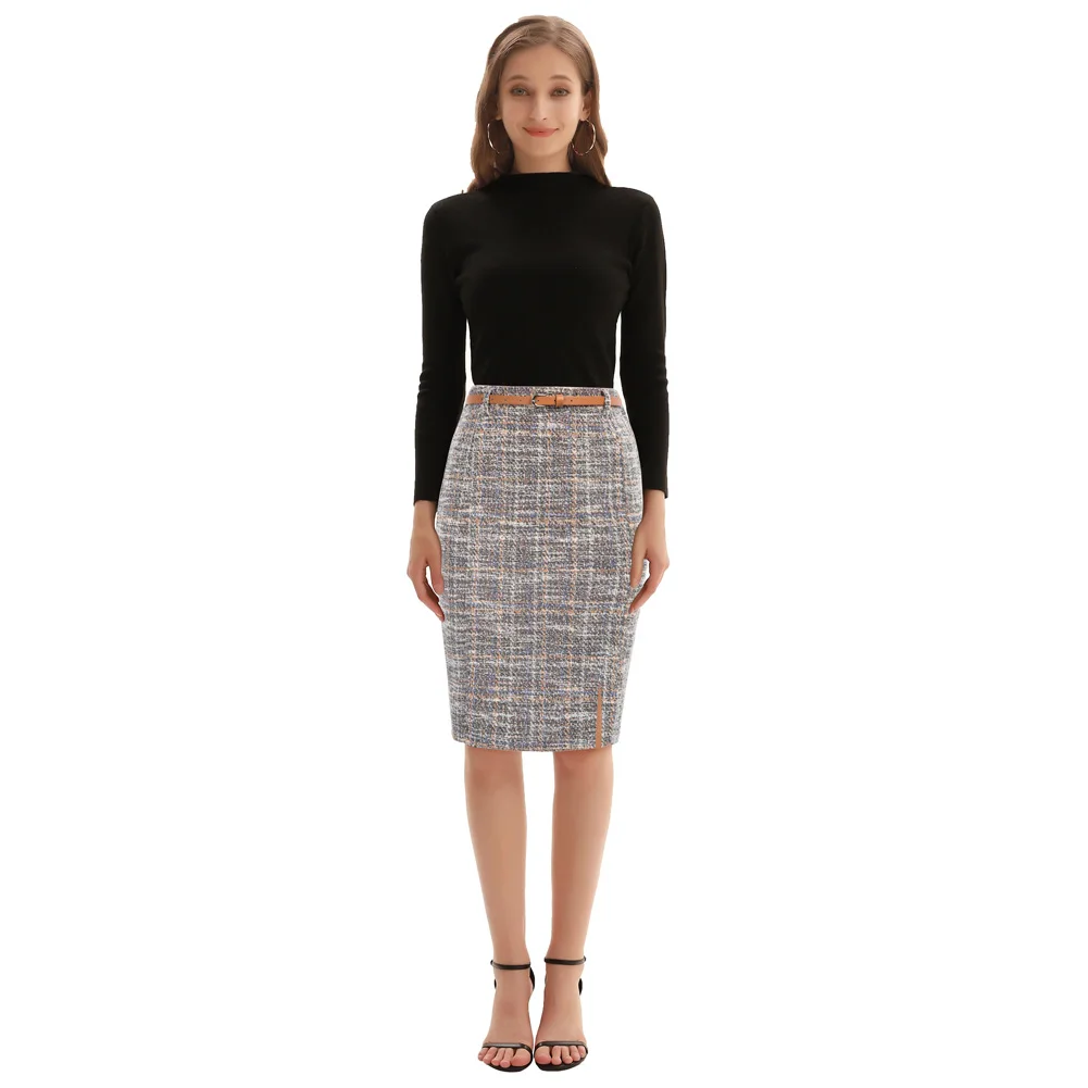 KK Women Bodycon Skirt Fashion Tweed Latticed Printed With Belt High Waist Knee Length Slit Front Work Office Lady Skirts