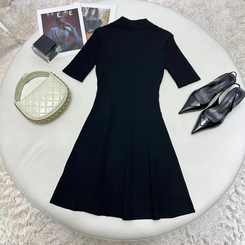 2024ssNew Luxury M Classic V-neck Black Knitted Dress Fashion Slim Thin Party Mini Dress High Quality Ladies Short Dress Y2k