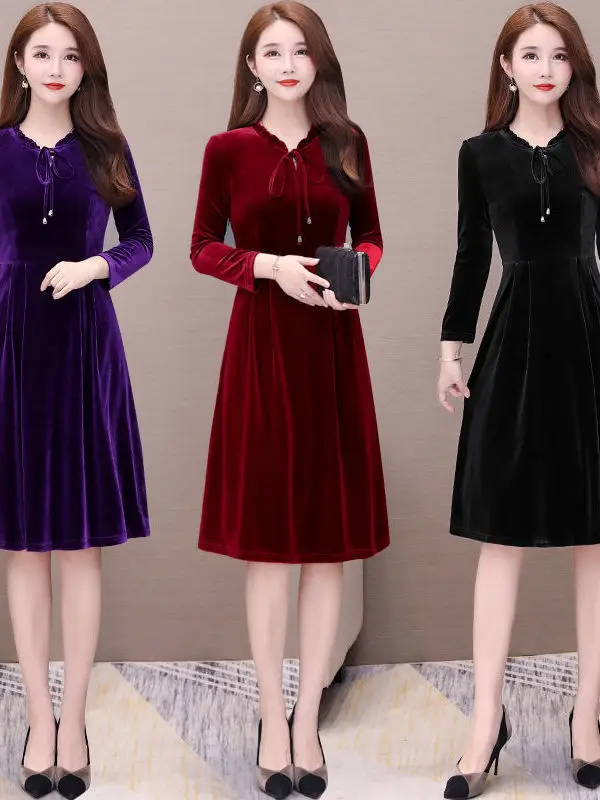 

Осеннее длинное бархатное платье трапециевидной формы больших размеров для женщин среднего возраста, модное повседневное свободное платье V-Ne Dr
