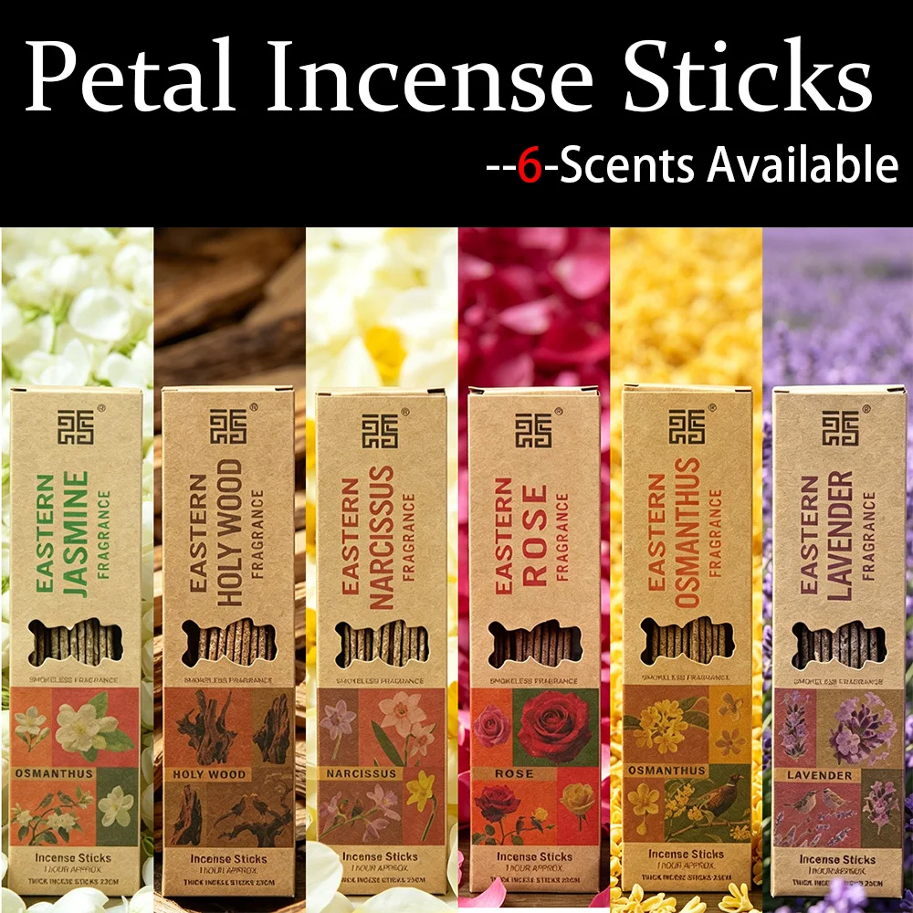 Argentinian Hand-Rolled Flower Petal Incense Sticks in a Box, Containing 6 Scents Including Osmanthus, Rose, Jasmine, Narcissus, Sacred Wood, and Lavender, 21cm Long, with a Rich Aroma, Purifies the Air, Suitable for Yoga, Meditation, Hosting Guests, Reading, Etc