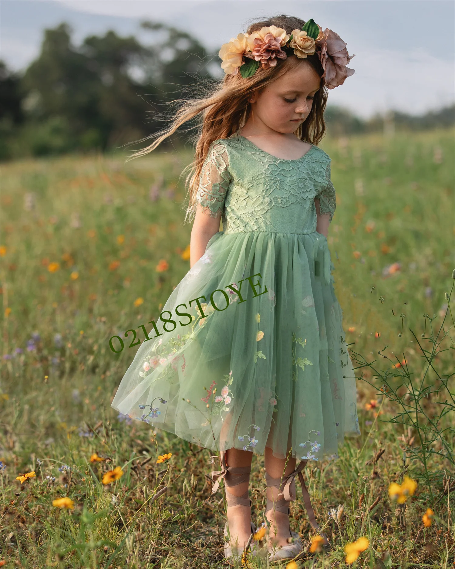 Boho Bridal Embroidered Flower Girl Dress Long Sage Green Lace 3/4 Sleeves Bohemian Beach Rustic Style Kids Wedding Party Dress