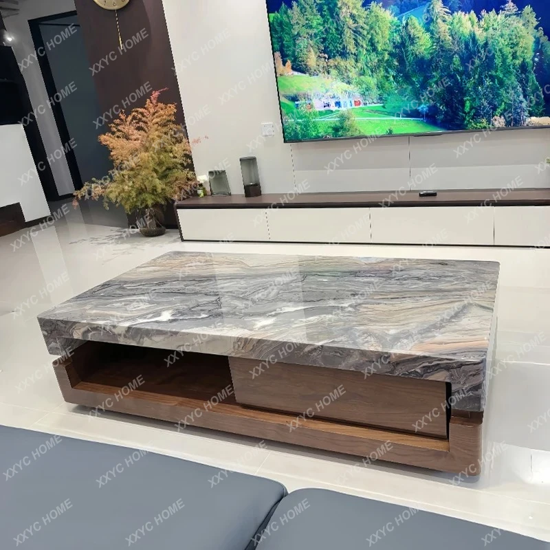 LMarble coffee table minimalist luxury stone antique style storage high-end walnut living room home fashion