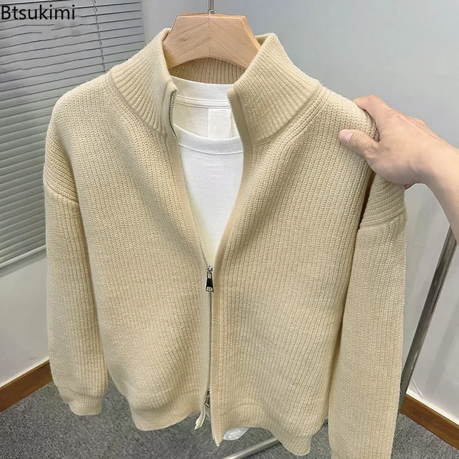 Men Stand Collar Solid Color Full Zip Thick Knit Cardigan Long Sleeve Slim Fit Sweater Jacket Autumn Winter Versatile Outerwear