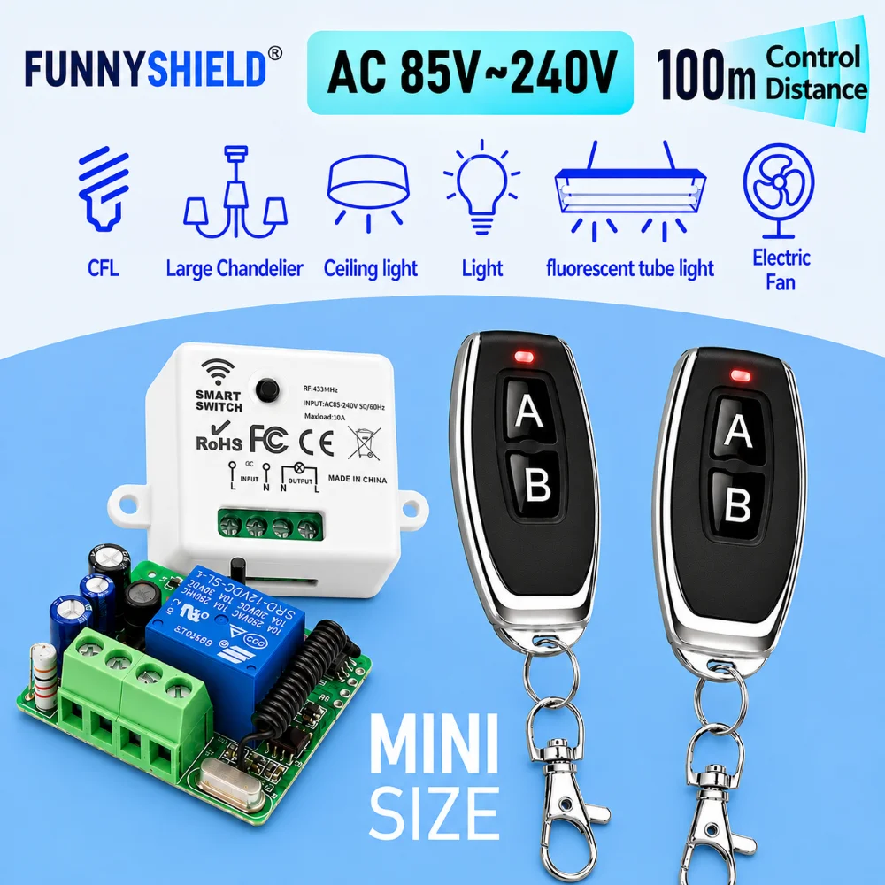 FUNNYSHIELD RF 433MHz 110V 220V Wireless Remote Control Light Switch 10A Mini RF Relay Module 100M Transmitter For Led Lamp Fan