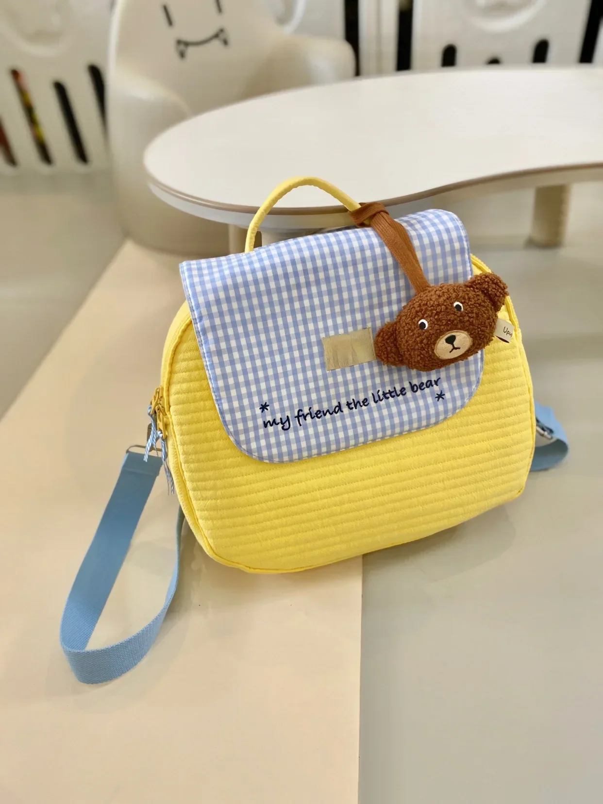 ins Korean version quilted children\'s backpack cute bear plaid boys and girls thread small backpack parent-child mommy bag