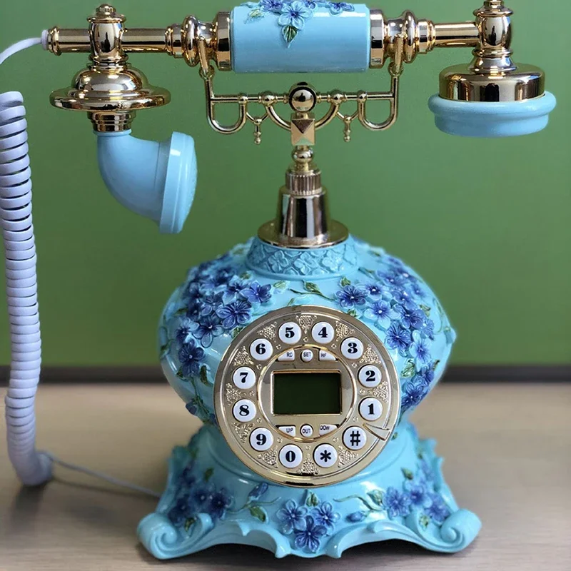 Antique Corded Telephone, Vintage Fixed Telephone Retro Landline Phone Decoration with Flowers Pattern, Button Dial, Caller ID