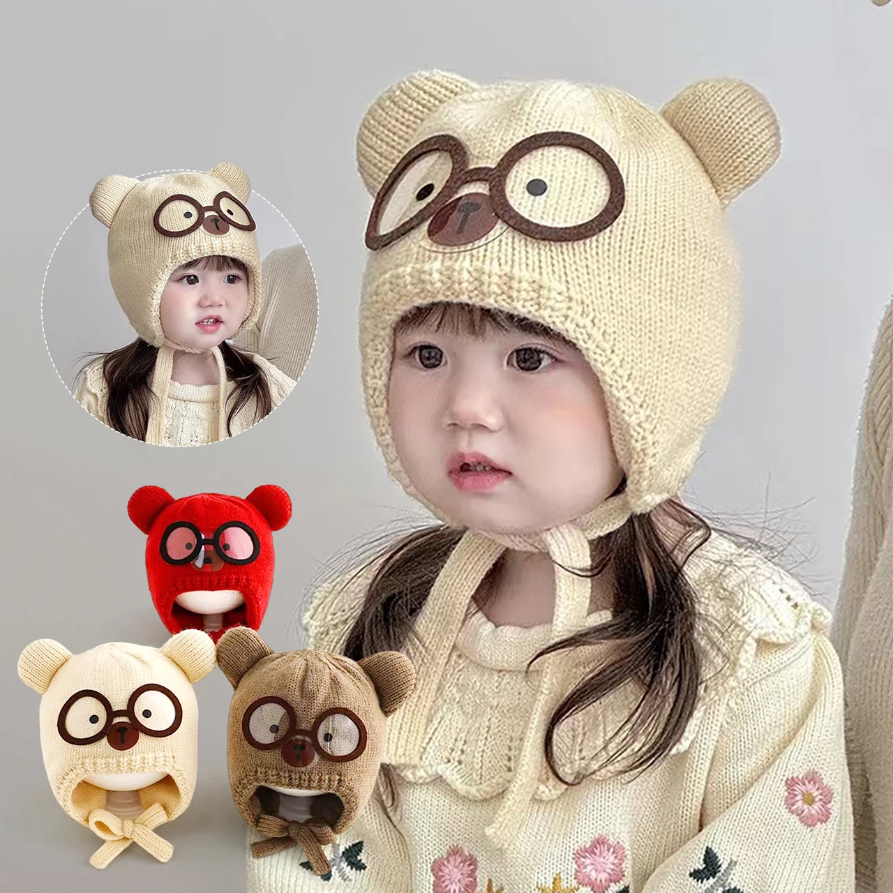 Winter Warm Baby Beanies Hat Cartoon Cute Woolen Knitted Ear Protection Lacing Cap Boy Girl Children Windproof Bonnet Hat view 4