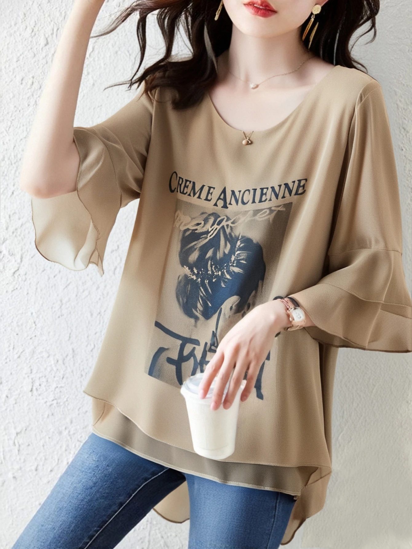 Vintage Women Figure Print Blouse O-Neck Ruffle Flare 3/4 Sleeve Double Layer Chiffon Loose Casual Ladies Shirt