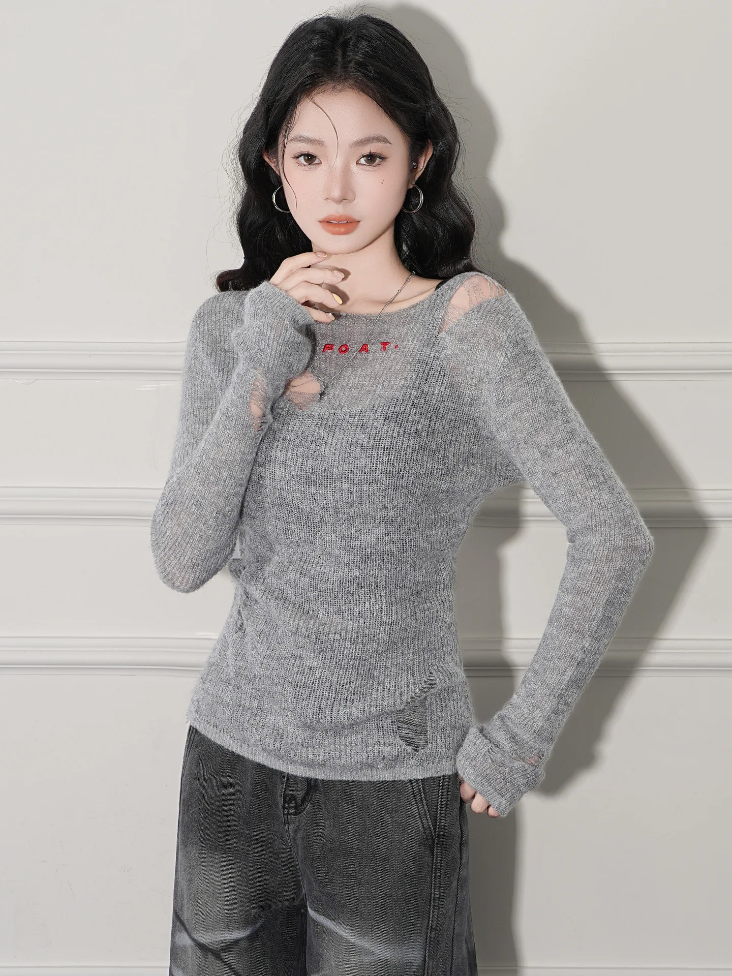 

Lightweight Knit Top Distressed Long Sleeve Slim Knit Top Sexy Chic Sweet Knit Sweater Street Casual Cute Autumn Pullover