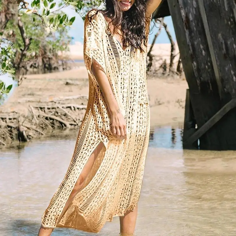 

X9FF крючком бикини чехол сексуальный длинный купальник пляжная туника рубашка сплошной цвет