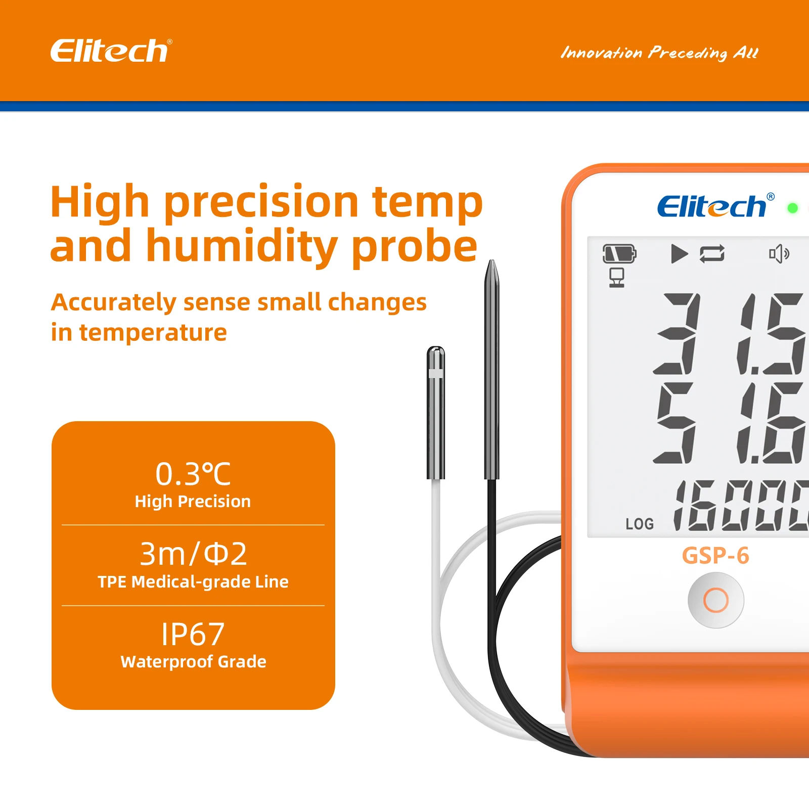 Elitech-registrador de datos de temperatura y humedad de GSP-6, Monitor de temperatura de vacuna, cadena de frío de refrigeración de 16000 puntos