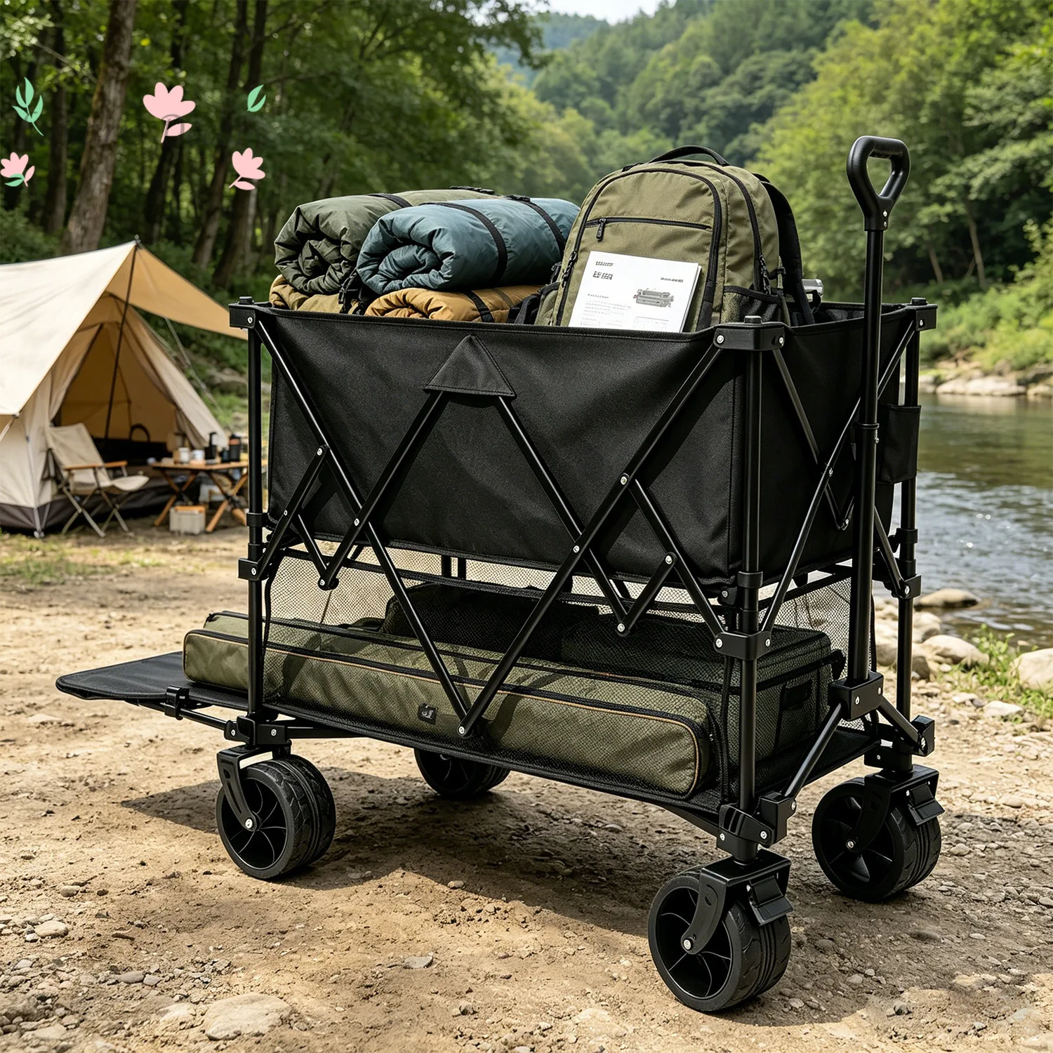 Four-wheel camping trailer, wide wheel, large capacity travel, hand-pulled rod push-pull camper, multi-function