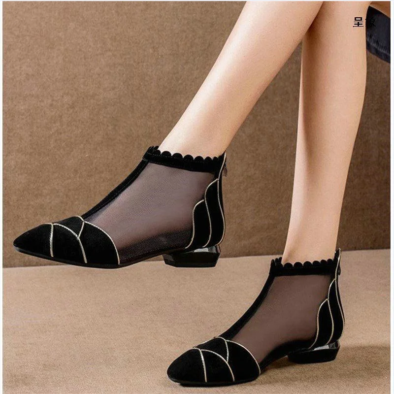

Ladies chunky low-heel pointed Toe ankle boots women's summer hollow out breathable mesh toe-covered sandals
