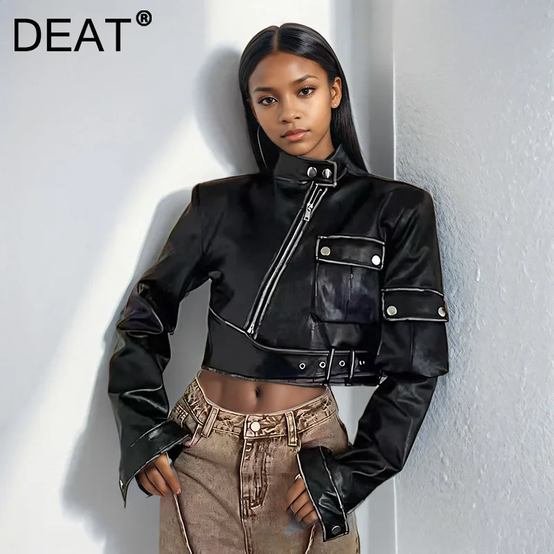 DEAT Fashion Motorcycle Stand Collar PU Leather Short Jackets For Women 2024 Winter New Item Belt Versatile Coat Female 11A01859