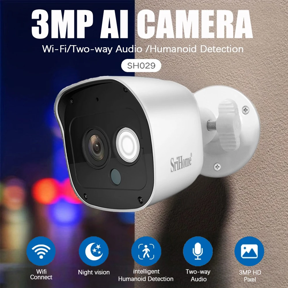 SriHome 3MP FHD SH029 Wireless Security Camera with IR Night Vision for Home Mini Camera with Wi-Fi Waterproof