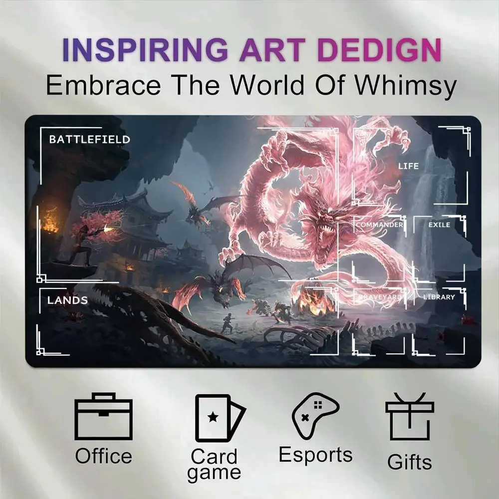 Fantasy Cave Pink Oriental Dragon Art Playmat, Full Zoned Anti-Slip Rubber Card Game Mat for MTG Commander TCG Table Mat 60×35cm