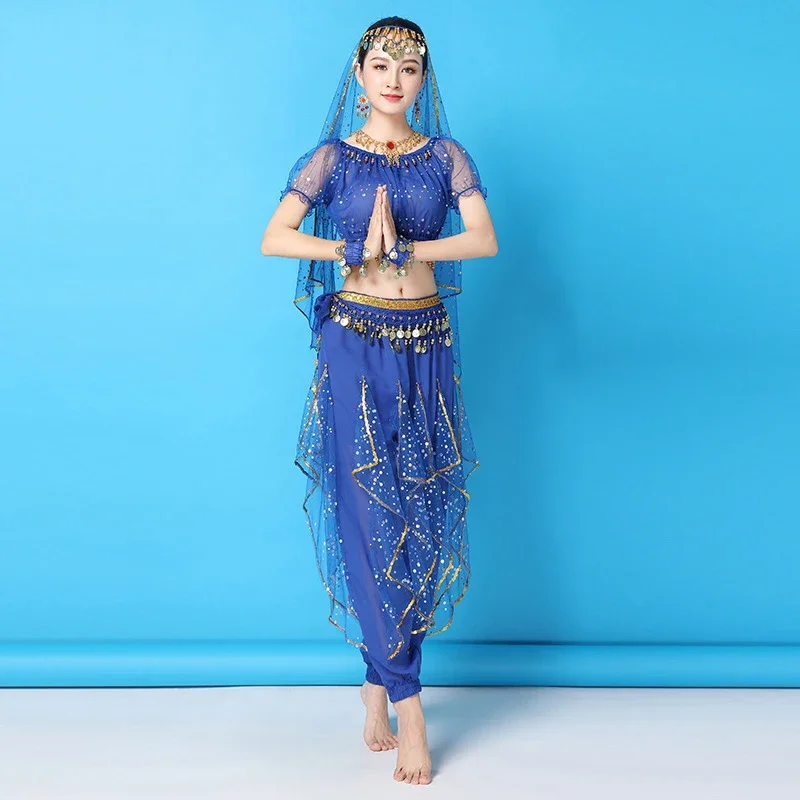 

Индийское Болливудовое платье для танца живота, шифоновый топ, брюки, набедренный шарф, сценический костюм на Хэллоуин, одежда с вуалью на голову для женщин