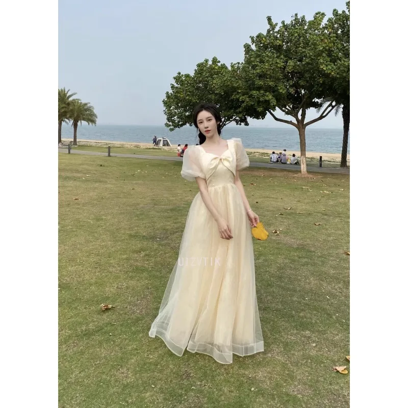 فستان الحفلات المسائية بلون الشمبانيا أنيق بفيونكة قابلة للطي وياقة مربعة فساتين مناسبة رسمية بسيطة بلينغ بلينغ فساتين زفاف طويلة