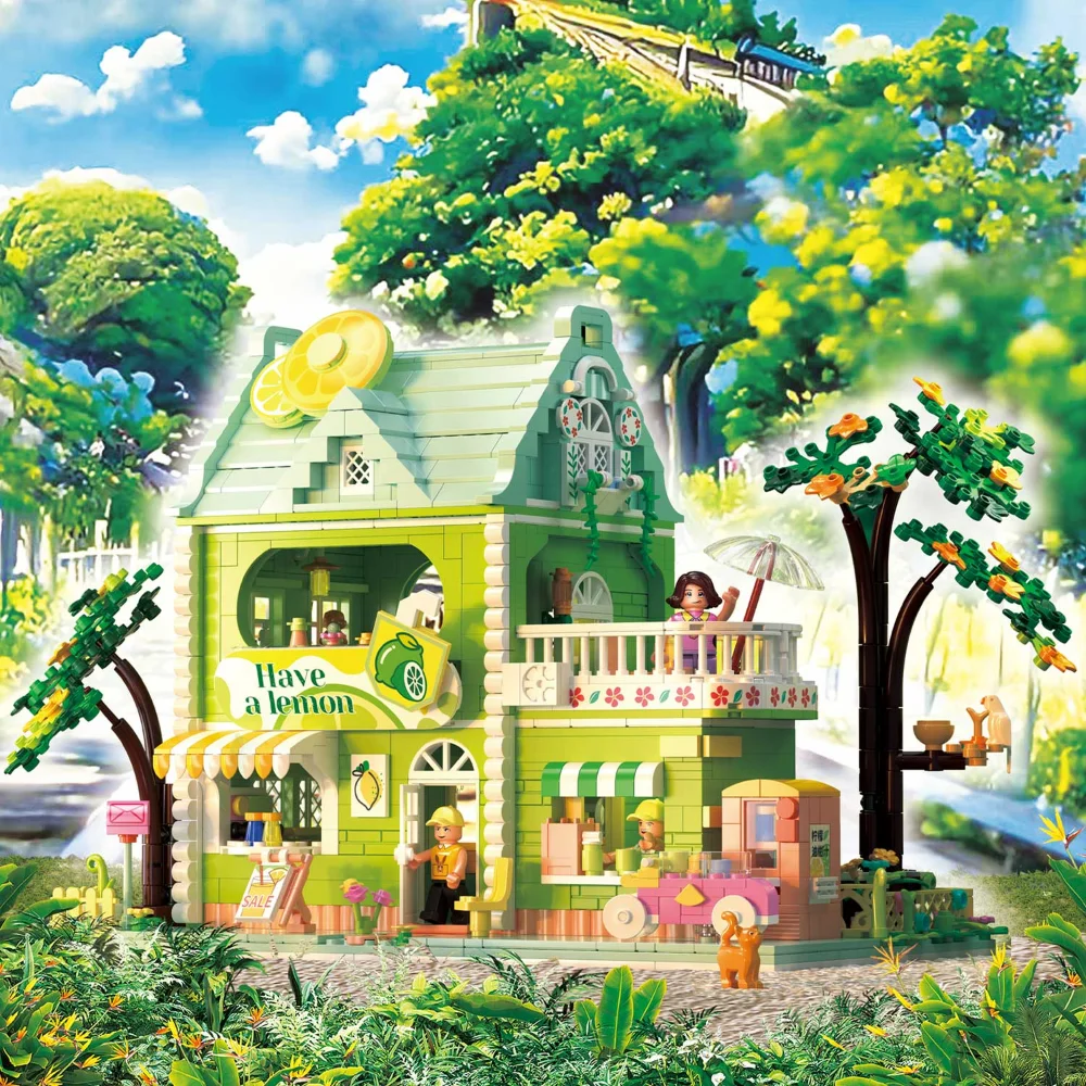 City Street View Store Assemble Model Lime Tea Shop Building Block Brick Creative Puzzle Toys for Kids Girl and Boy Gift