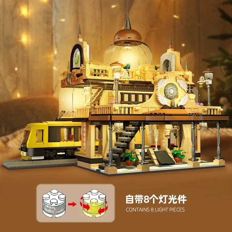 Zestaw klocków MOC Europejska Gotycka Stacja Kolejowa Sklep Budynki Nowoczesna Halka z Oświetleniem Architektura Pomysł Zabawka dla Dzieci Prezent na Boże Narodzenie