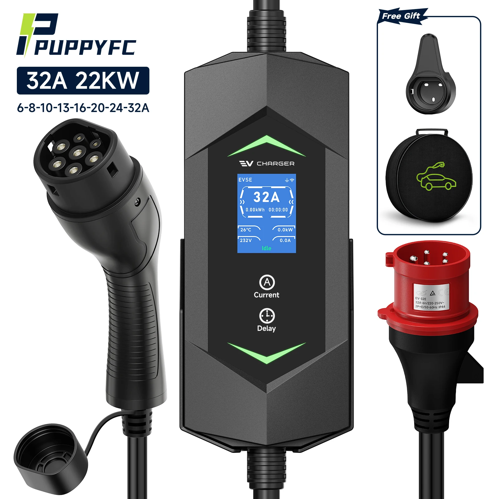 Puppyfc 22KW 32A 3Phase Type2 Portable EV Charger Fast High Power Charging Station Wallbox for Electric Vehicles