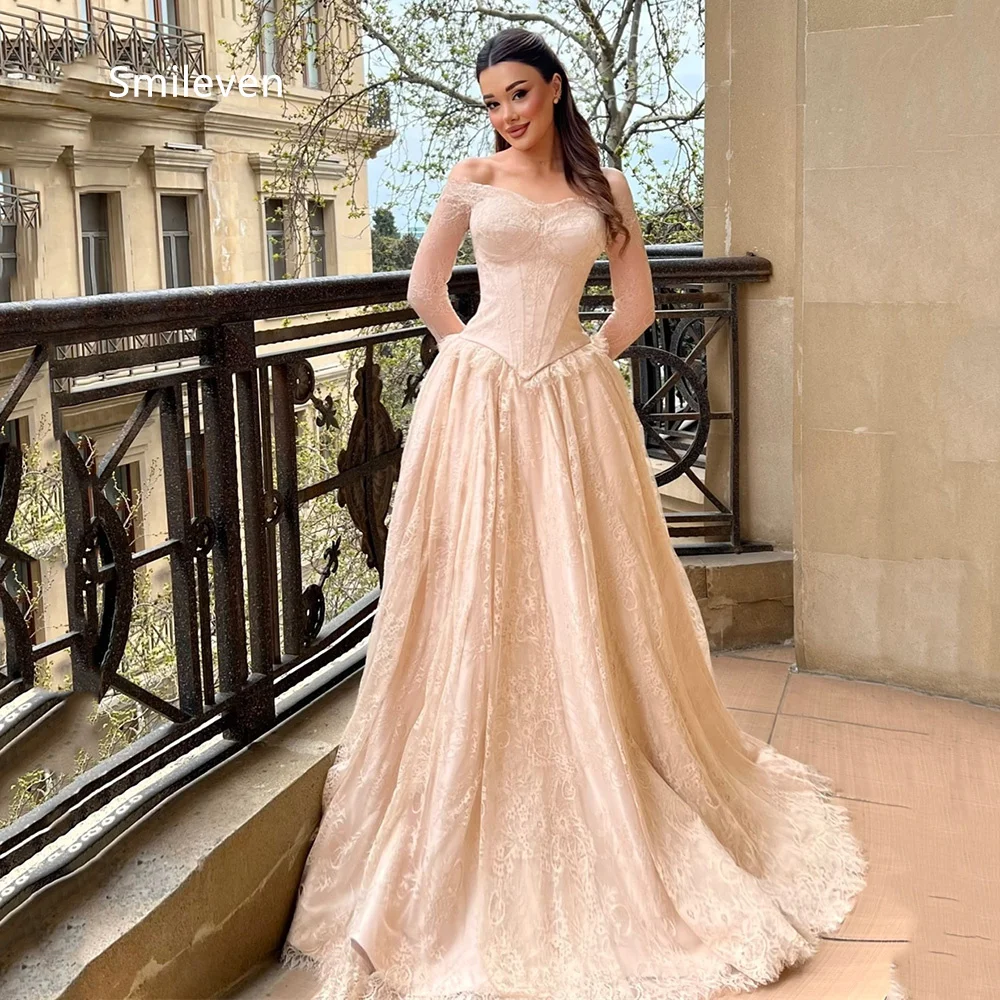 Smileven Champagne Ball Gown wedding Dresses Off‑the‑Shoulder Long Puff Sleeves Bridal Dress Corset Lace Hem Gowns Customized