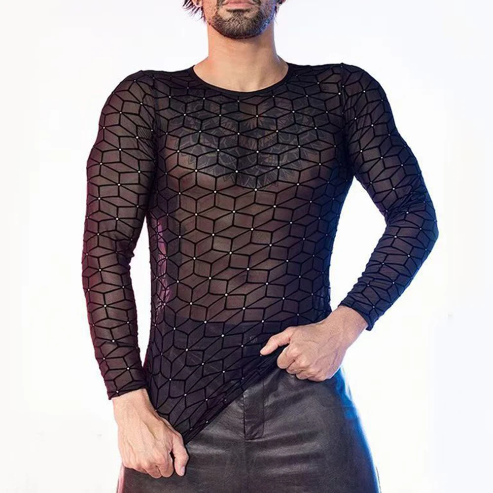 Mens Mesh Long-Sleeved Drop-Shoulder See-Through T-Shirt Nightclub Wear Fitness Breathable Bottoming Shirt Performance Clothes