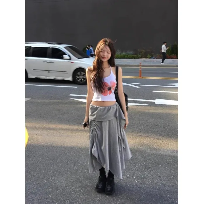 Korean Style Slimming Versatile Pleated High Waist Midi Skirt for Women Casual Polyester Fabric Silk Luster Commute