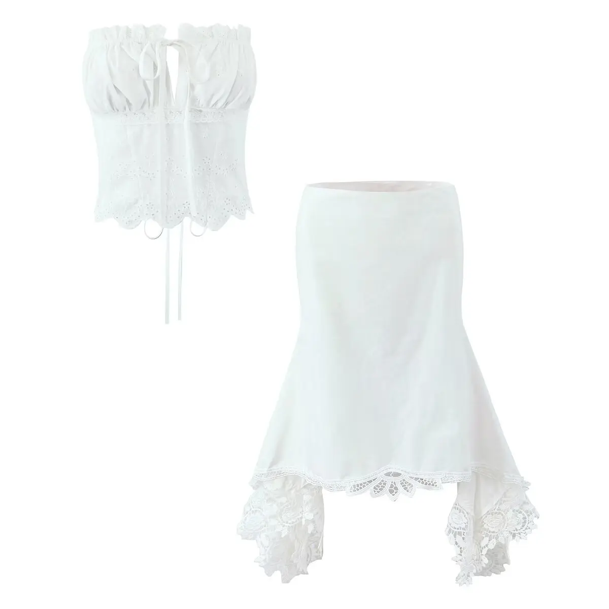 

American Sexy Lace Trim High Waist Asymmetrical Fashion Set Outwear Slim Fit Tube Top Wrap around Short Skirt