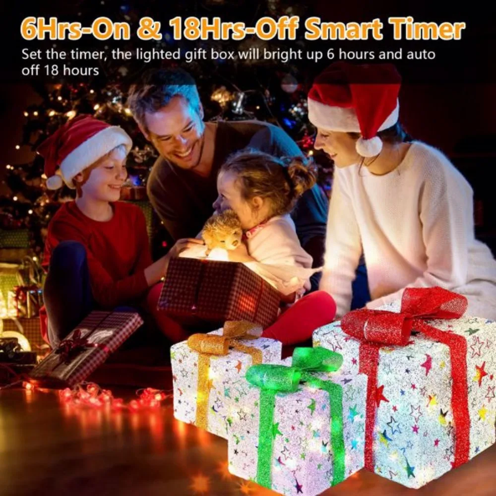 Set of 3 Christmas Lighted Gift Boxes Xmas Present Ornament 50 LED Christmas Box Decorations with Ribbon Bows IP44 Waterproof