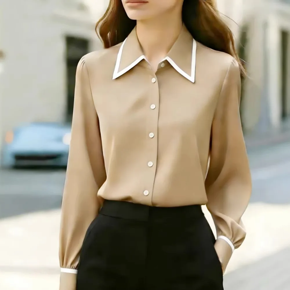 2026 Women's Spring and Autumn New Casual, Comfortable and Fashionable Contrast Color Lapel Long Sleeve Shirts for Women view 2