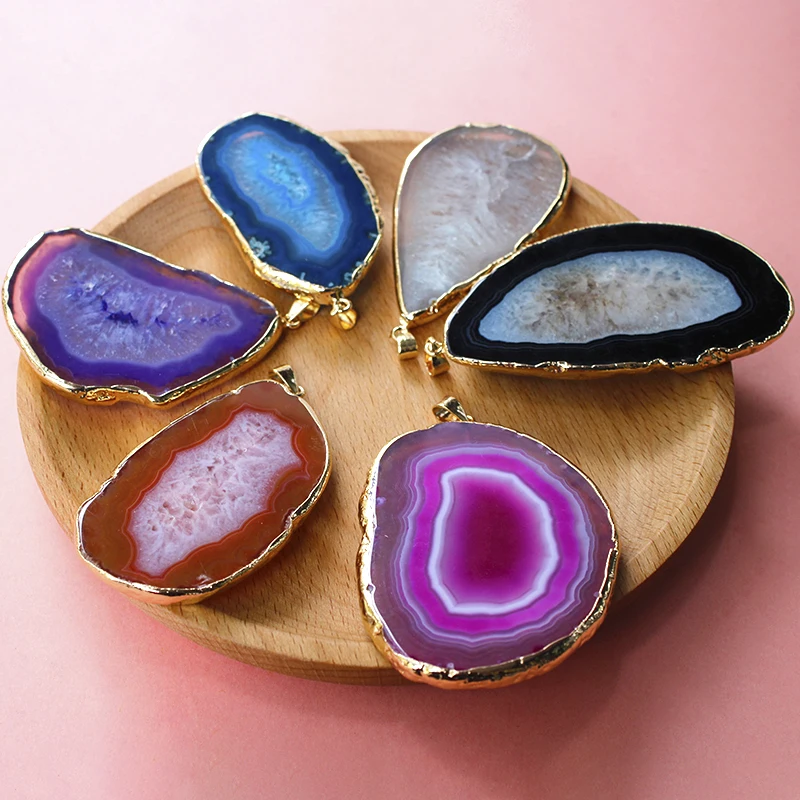 Irregular Big Natural Agate Slice Pendant for Women Men Geode Stone Healing Crystal Necklace with Gold Edge