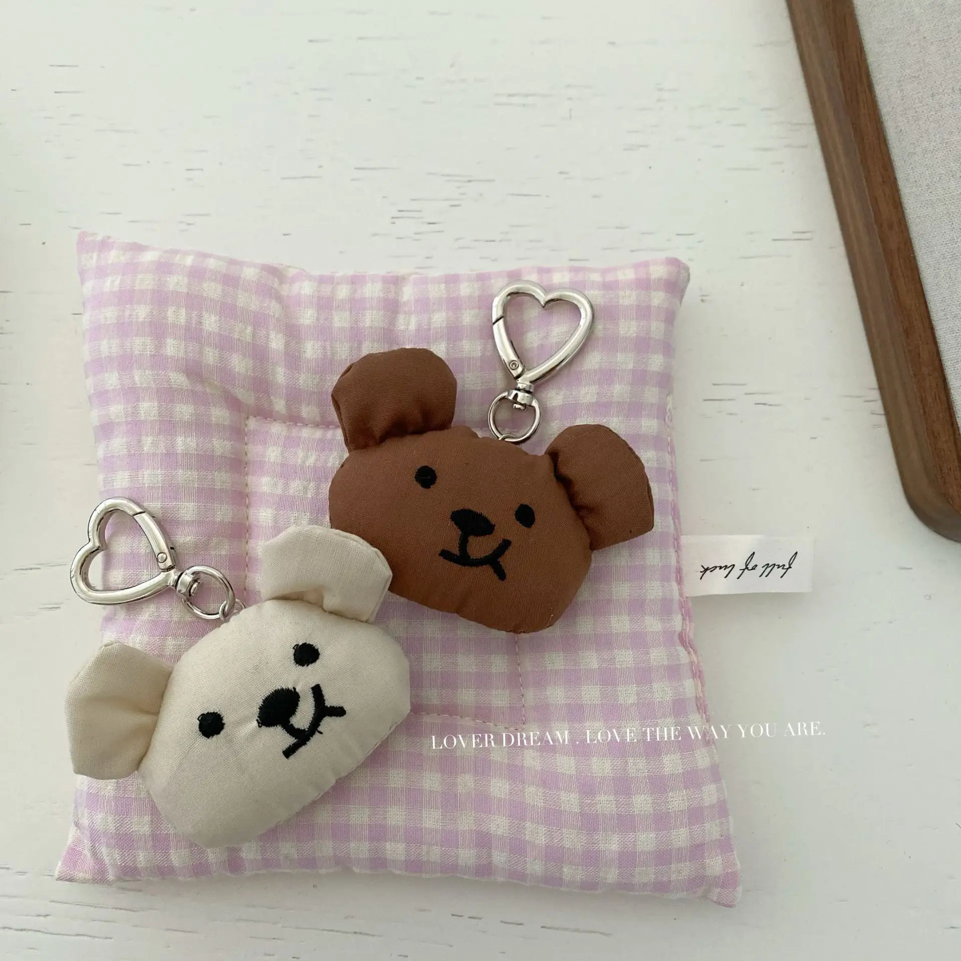 Padded Fabric Dog Keychain with Plaid Bow and Heart Cute Stuffed Animal Bag Charm Pendant Lightweight for Women Gift