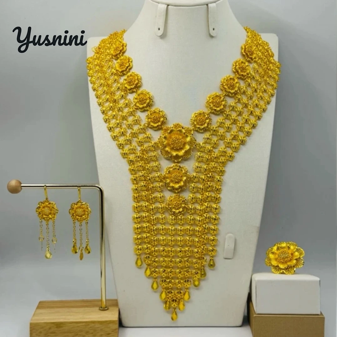 

New American 24K Gold Plated Necklace Earrings Rings Wedding Party High End Jewelry Set as a Gift for Women YY10780