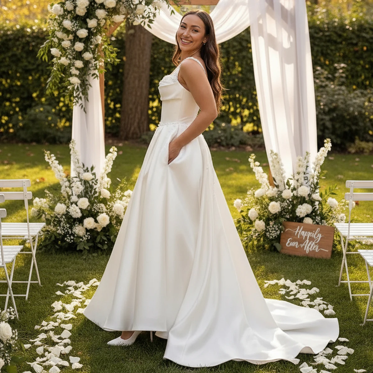 ชุดแต่งงานทรงบอลกาวน์ผ้าซาตินประดับมุกแบบโรแมนติก พร้อมชายกระโปรงยาว ทรงเอไลน์ เปิดหลัง สำหรับเจ้าสาวและงานเลี้ยง  ชุดราตรีสำหรับผู้หญิง  ชุดเจ้าสาวแบบยาว