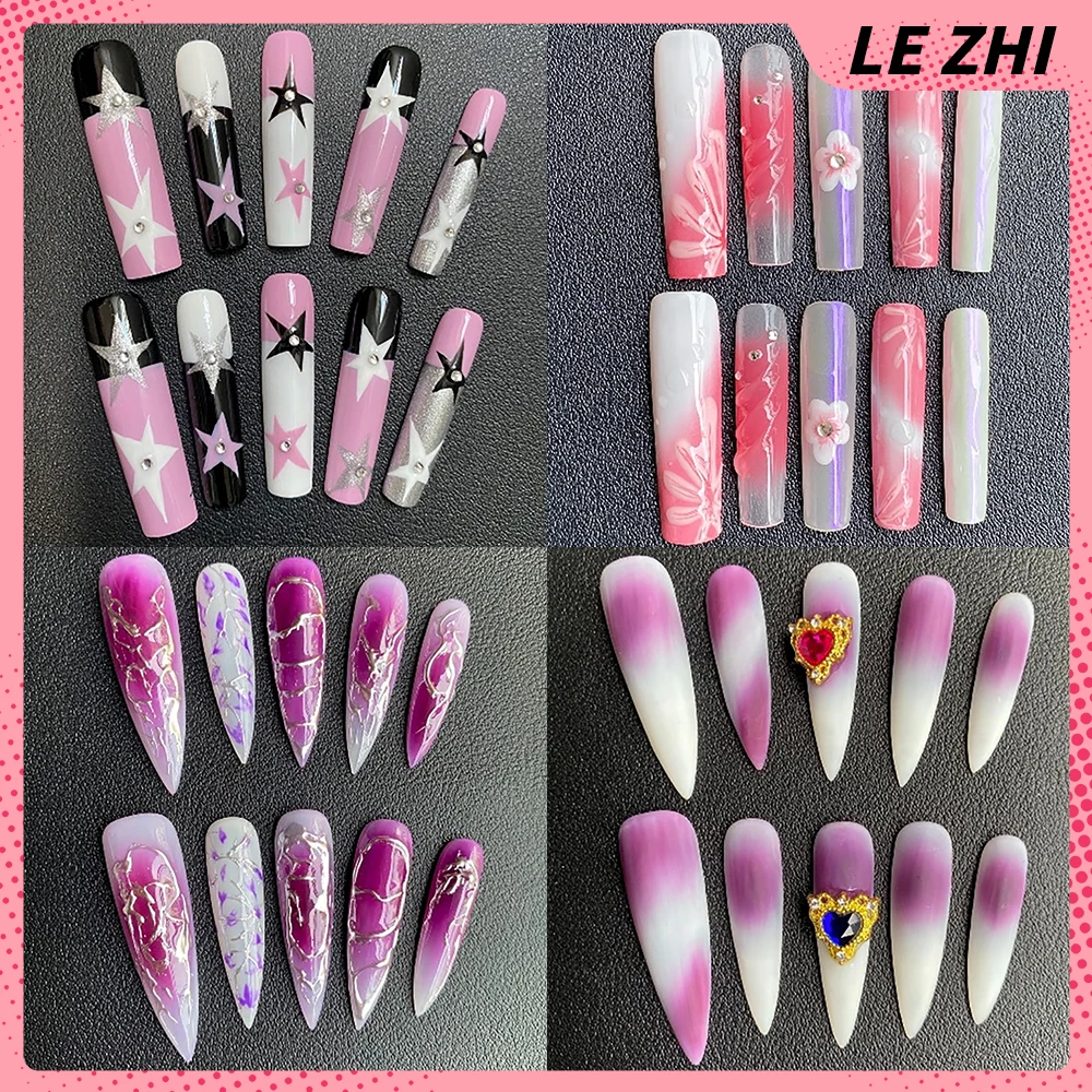 

10Pcs XL Long Square Handmade Press On Nails Y2K Spice Girl French Pentagram Diamond Reusable Nails Party Sticker Europe America