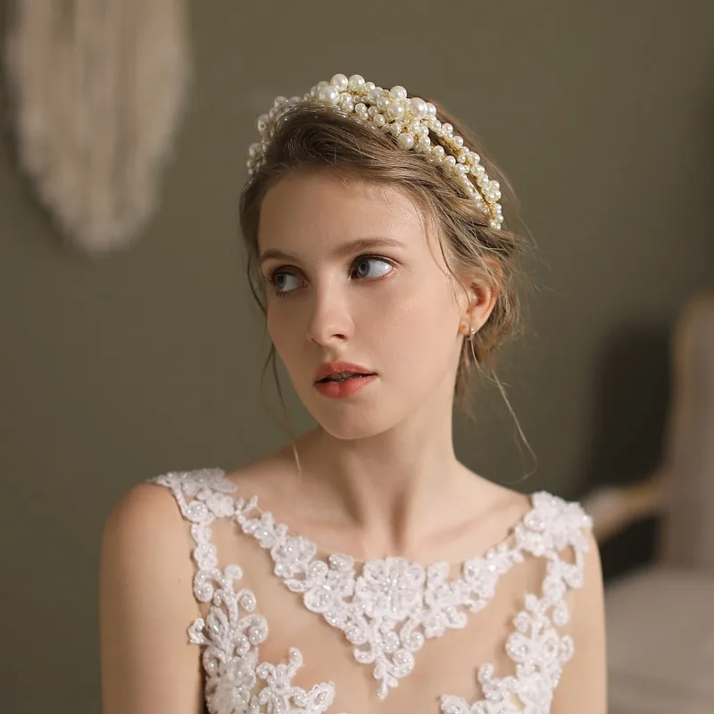 

Korean Double Strand Pearl Headband Bridal Headdress Elegant Style