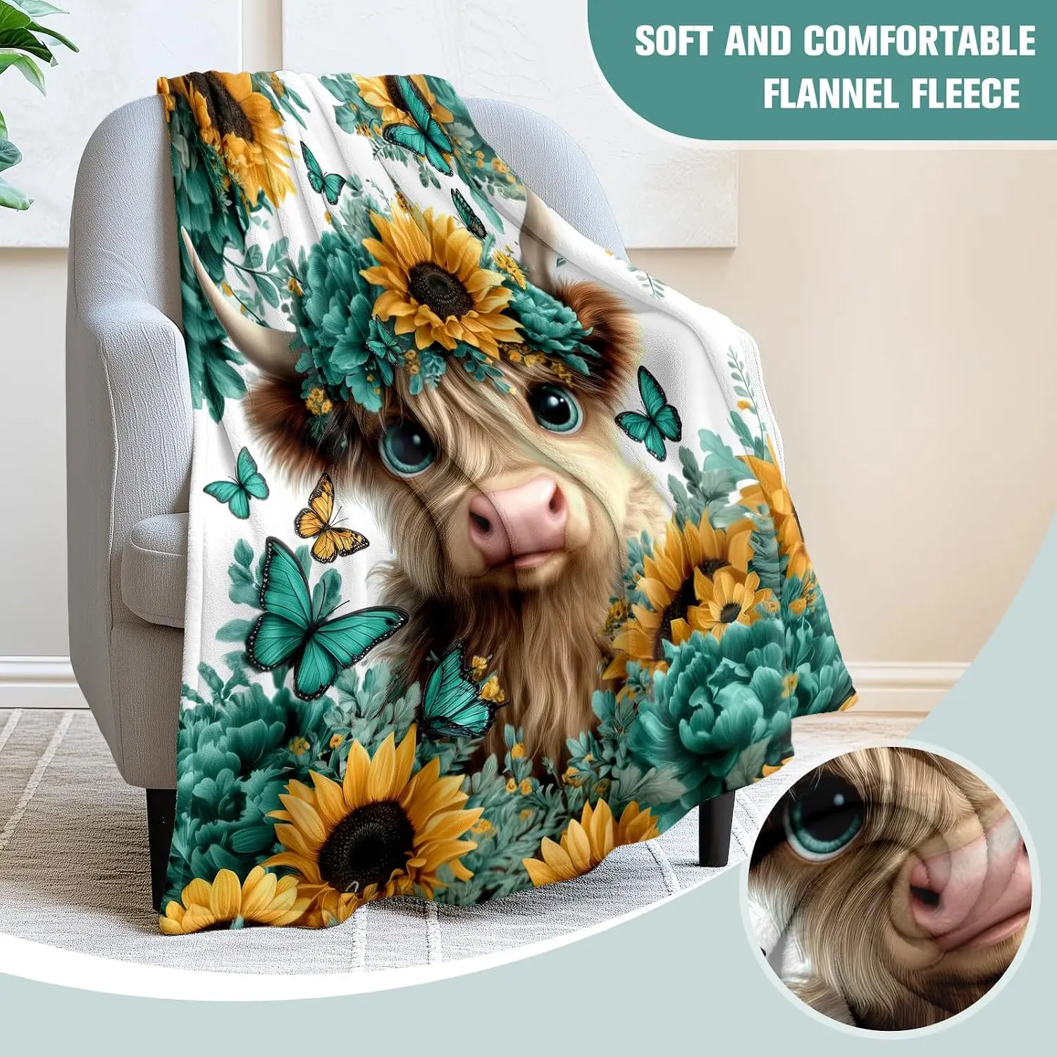Jekeno Highland Cow Sunflower Gifts Blanket Butterfly Floral Throw Blanket