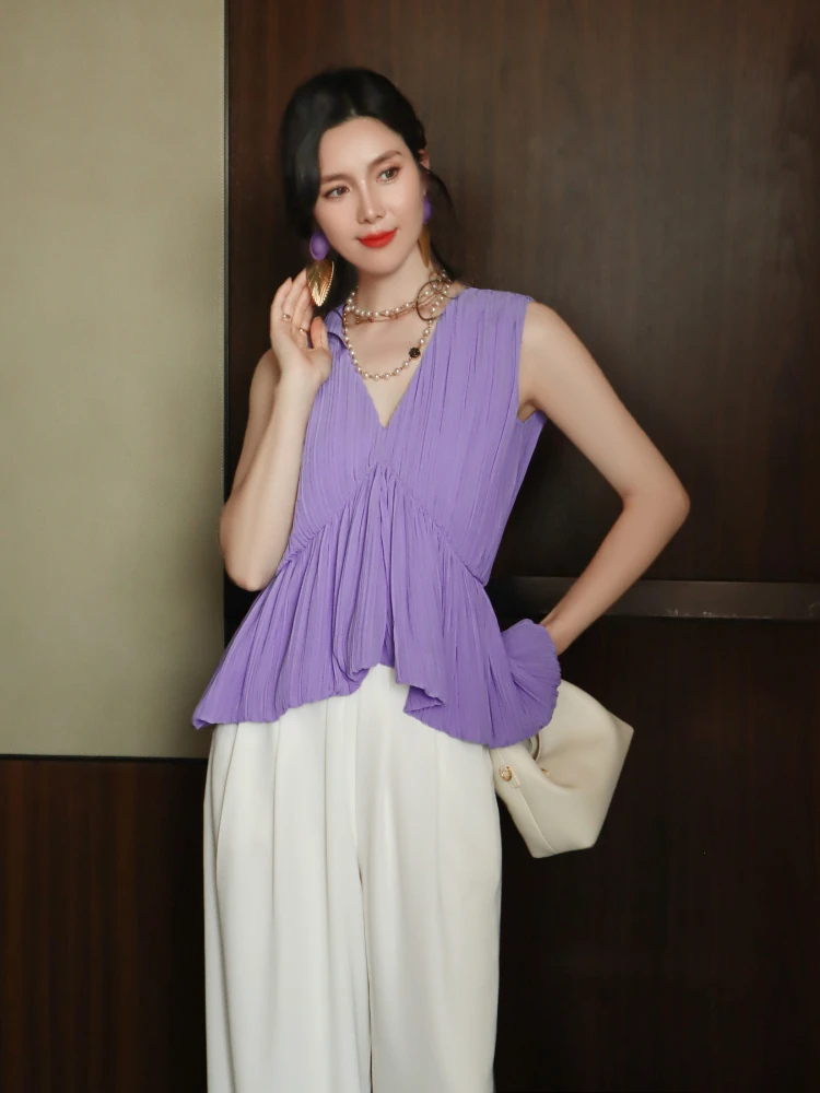 

Ele V-ne Waist-cinched Fairy-like Skirt Hem Purple Lingerie Svel Top High-end Heavy Embellied Vest