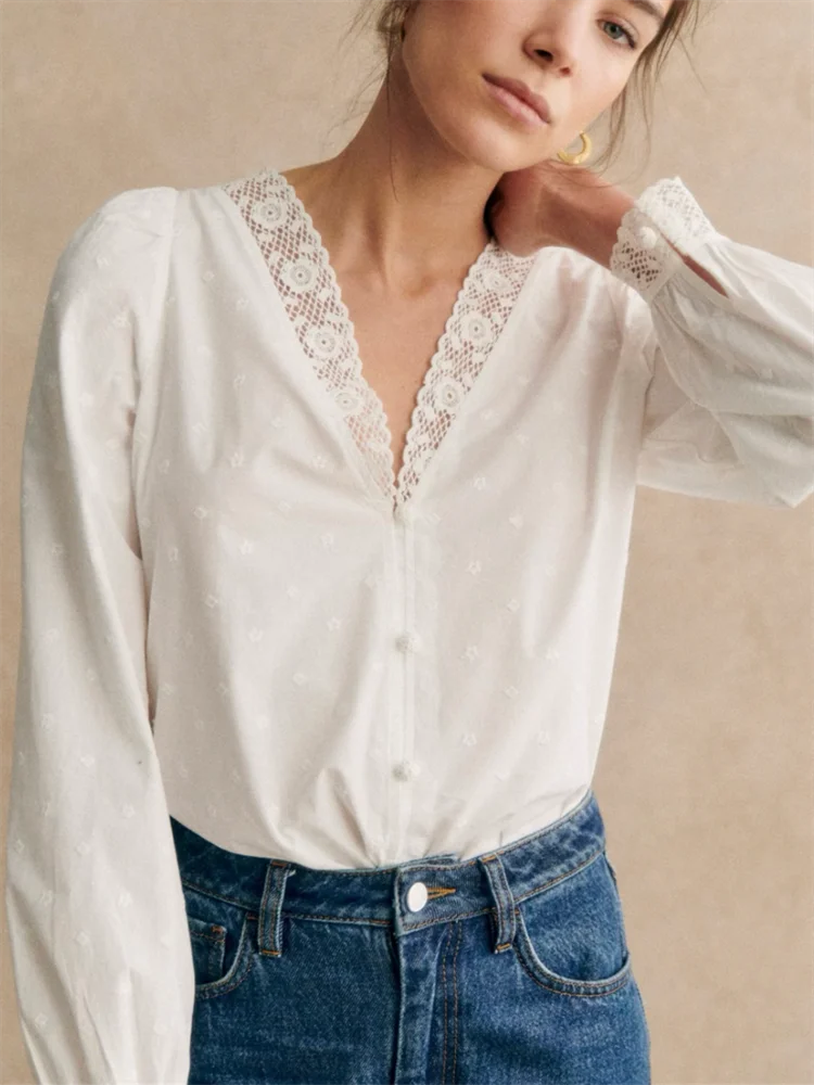 

Lace Stitching Blouse Women French Embroidered V-Neck White Long-Sleeved Ladies Single-Breasted Shirt Tops 2024 New