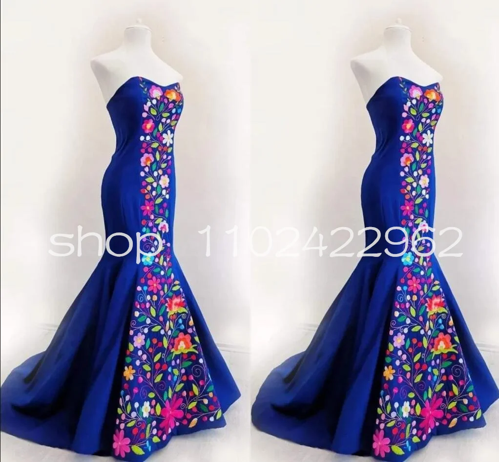 Personalizado sereia mexicano vestidos de casamento azul real flores bordado sem alças espartilho cetim vestido de noiva bordado