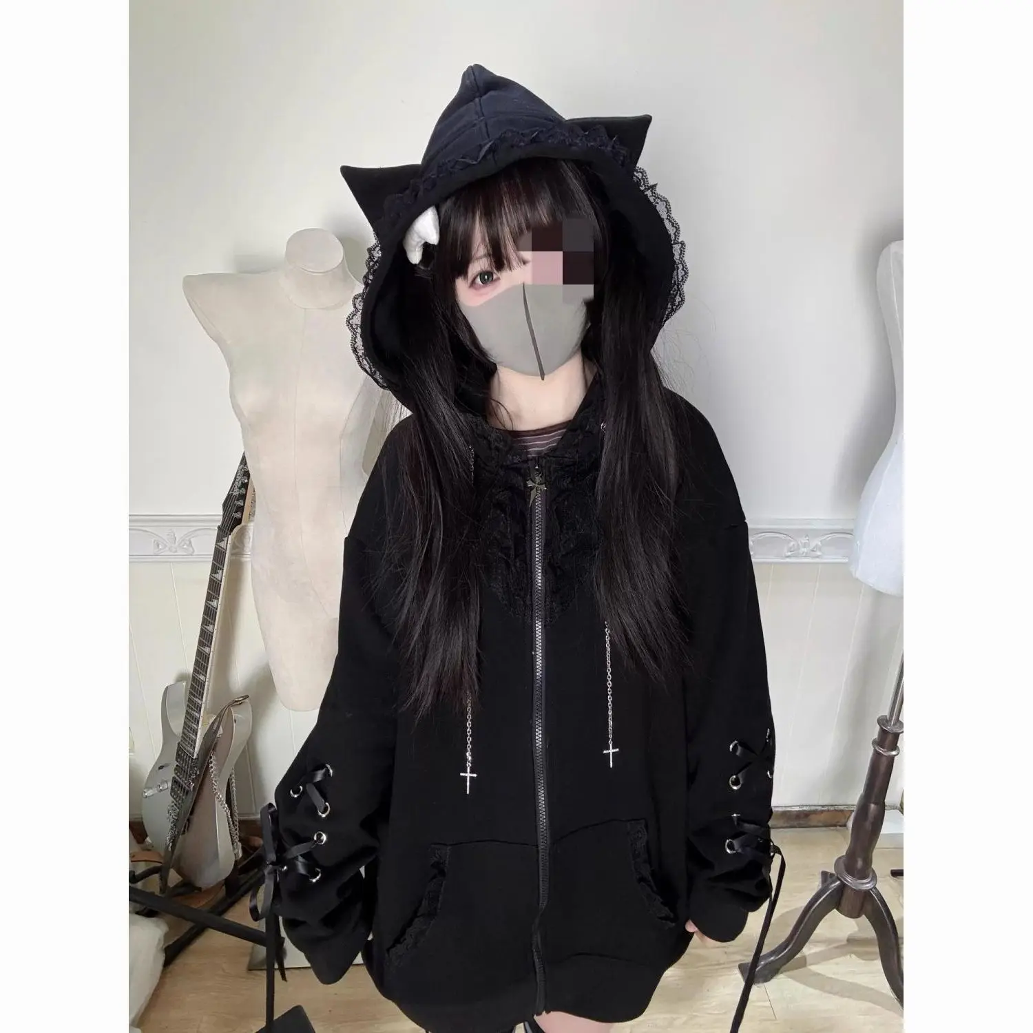 Gothic Subculture Black Lace Loose Hoodie Women's Autumn Aesthetic Lovely Long Sleeve Hooded Coat Casual Warm Winter Overcoat