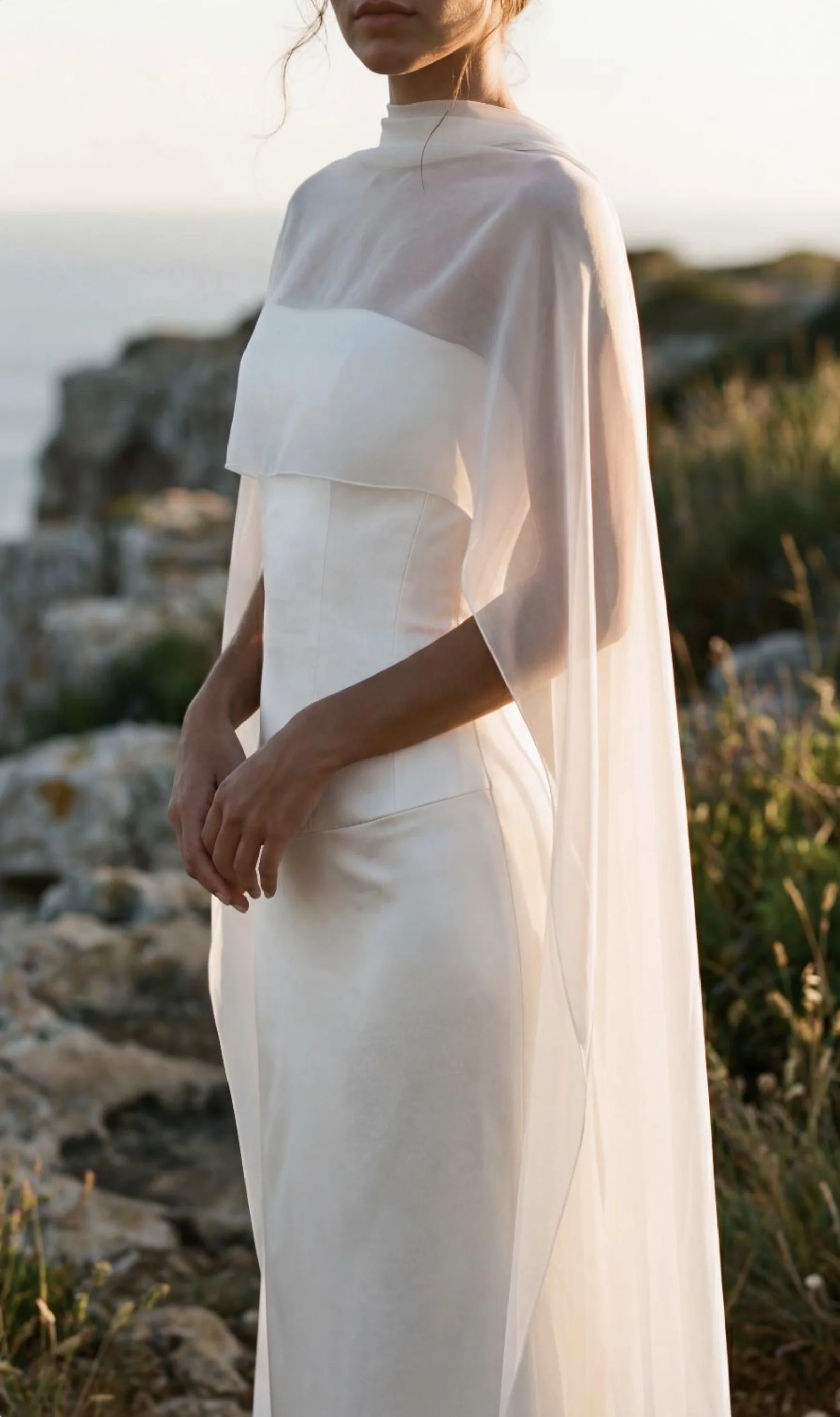 Bridal Shawl Long Sheer Ivory White Wedding Cape Scarf Bride's Cover-up Elegant Sheer Chiffon Bridal Cape Beach Bridal Accessory