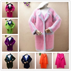 1.2KG heavy thick female women sweet pink mink cashmere knitted long sleeves loose cardigans angora fur jacket coat sweater pull