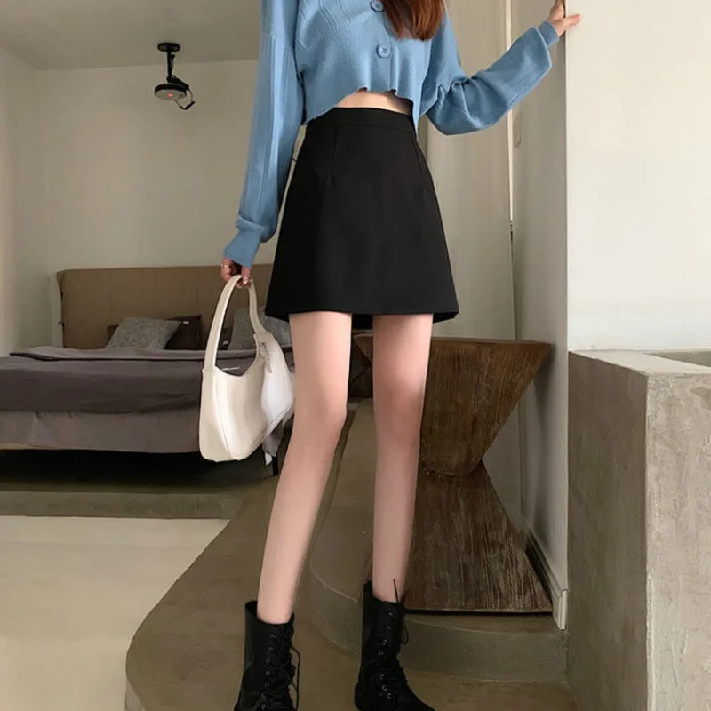 Black Skirts Women Mid-calf College A-line High Waist Korean Style OL All-match Friends Streetwear Chic Female Bottom