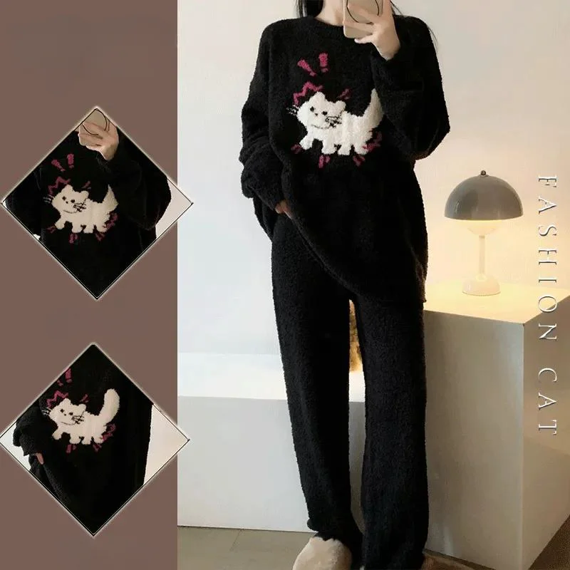 Autumn Winter Fashion Women's Casual Lovely Black Cat Sweet Girl Warm Soft Sleepwear Loose Pajamas With Pants Flannel Pullover