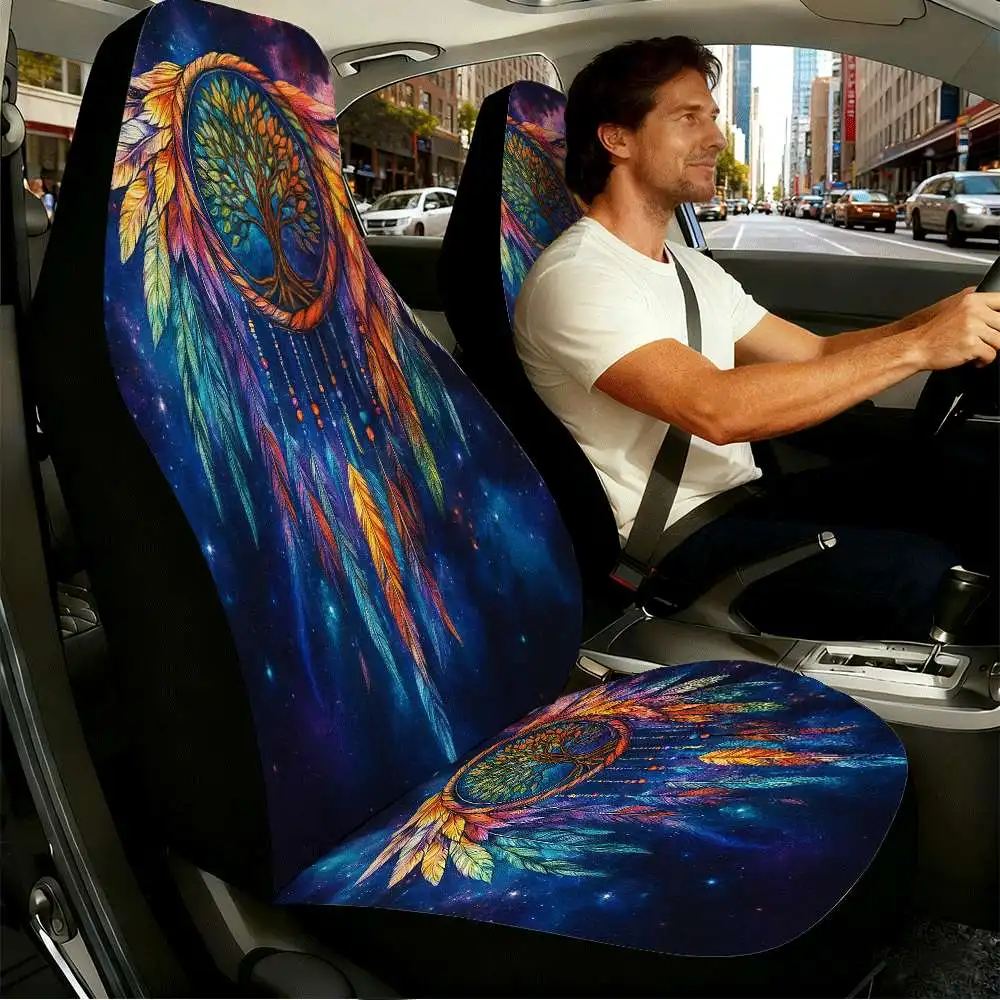 2pcs Colorful Tree Of Life Car Seat Covers | High Back Design, Polyester Material, Universal Fit For Cars, SUVs, And Trucks, Ide