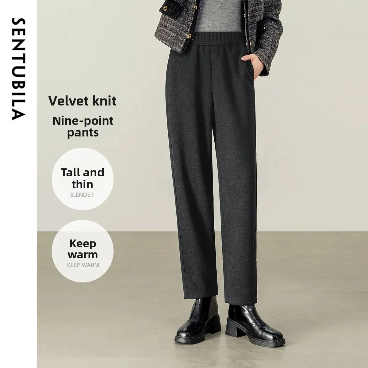SENTUBILA Women's Fleece-lined Ankle Pants 2026 Winter Elastic Waist Slight Stretch Trousers Warmth Casual Bottoms 154K58926